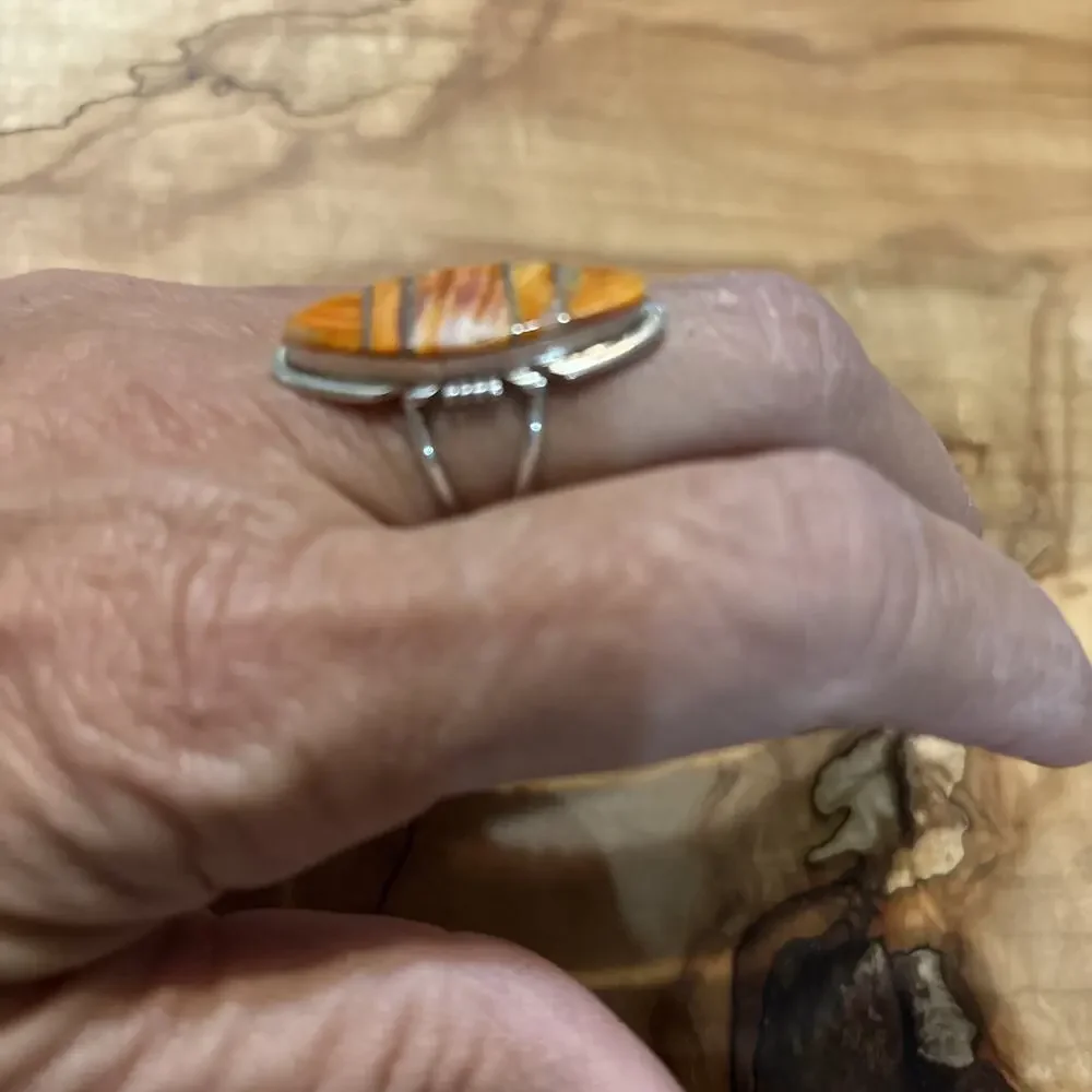 Navajo Artist Sterling Silver Spiny Oyster Inlay Ring Size 8.75 - Picture 3 of 7